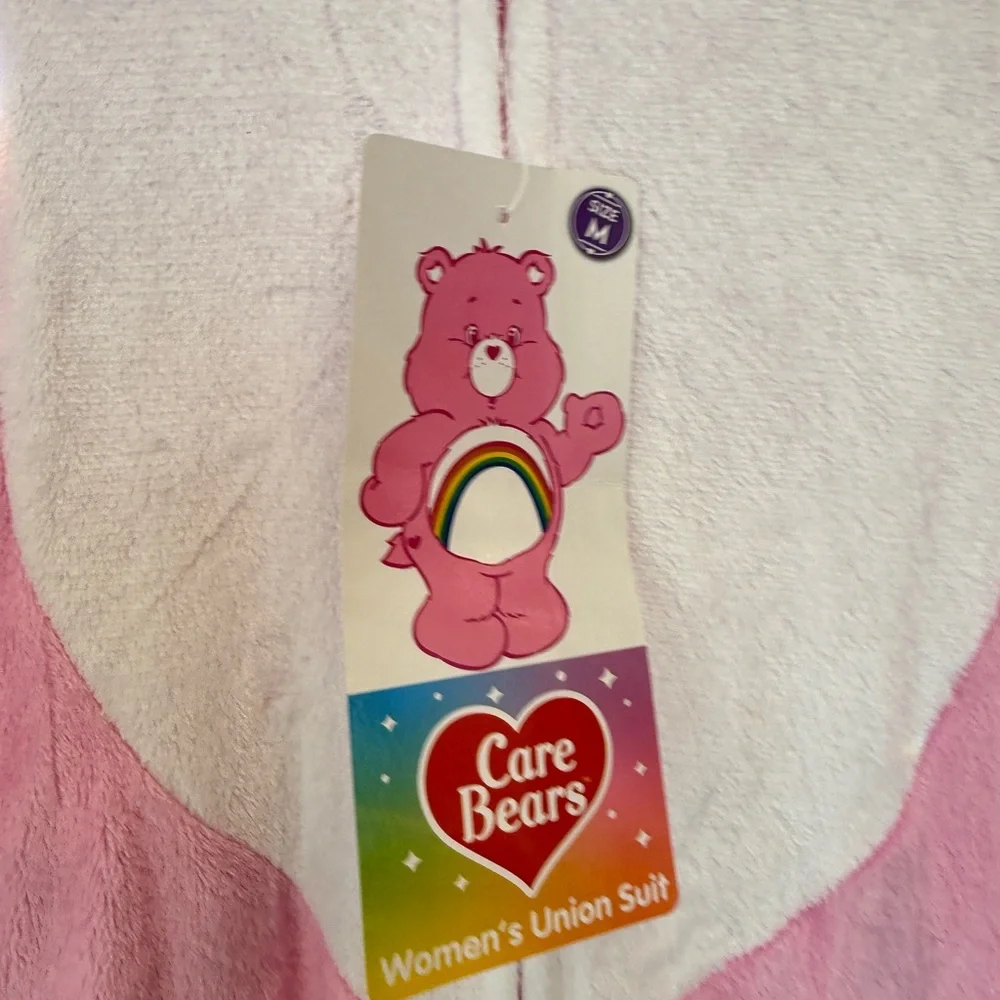 NWT CARE BEARS PINK FLEECE ADULT ONESIE FULL SUIT RAINBOW MEDIUM - Picture 4 of 7